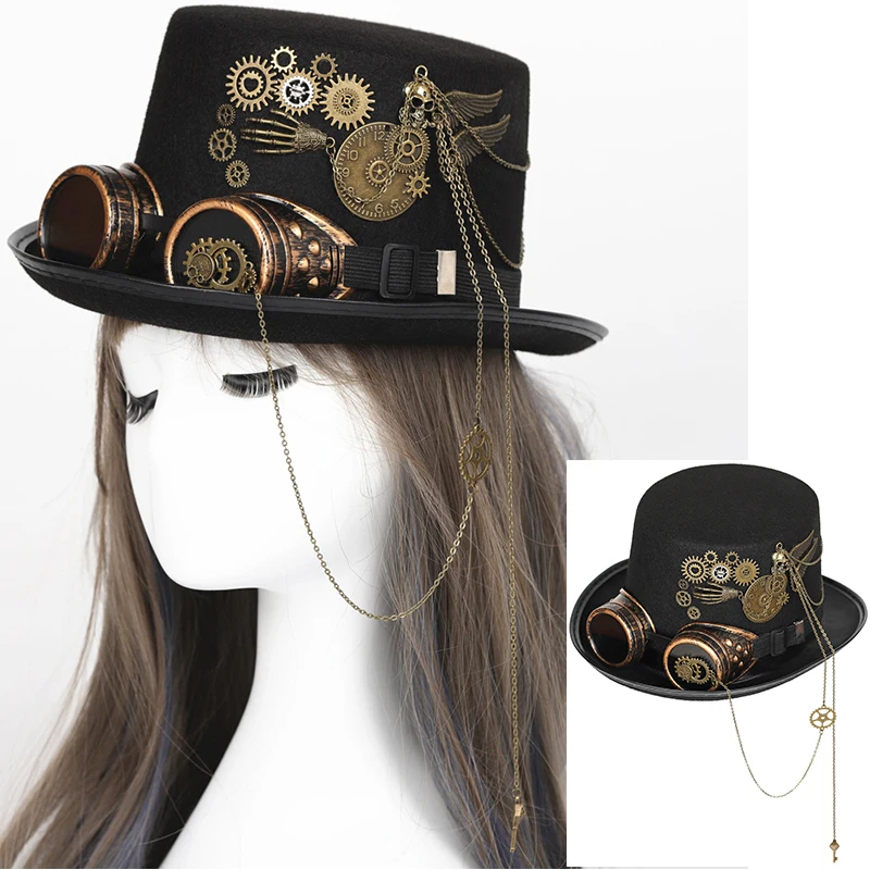New Trendy Steampunk Male and Female Gothic Lolita Gear Hat Retro Harajuku Punk Subculture Chain Top Hat Halloween Cosplay Props