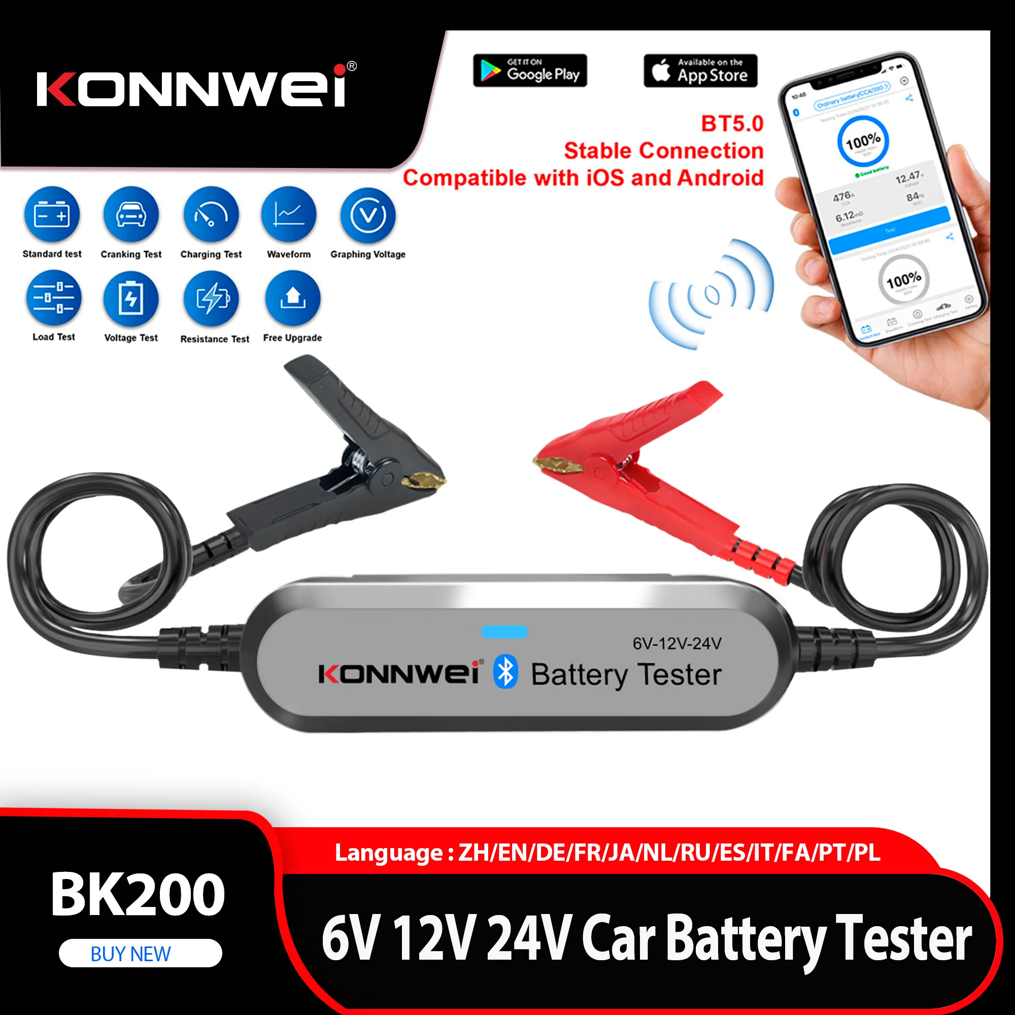 KONNWEI BK200 BK100 Car Wireless Battery Tester Bluetooth 5.0 Waveform Monitor 6V12V24V 100-2000 CCA Charging Cranking Test Tool