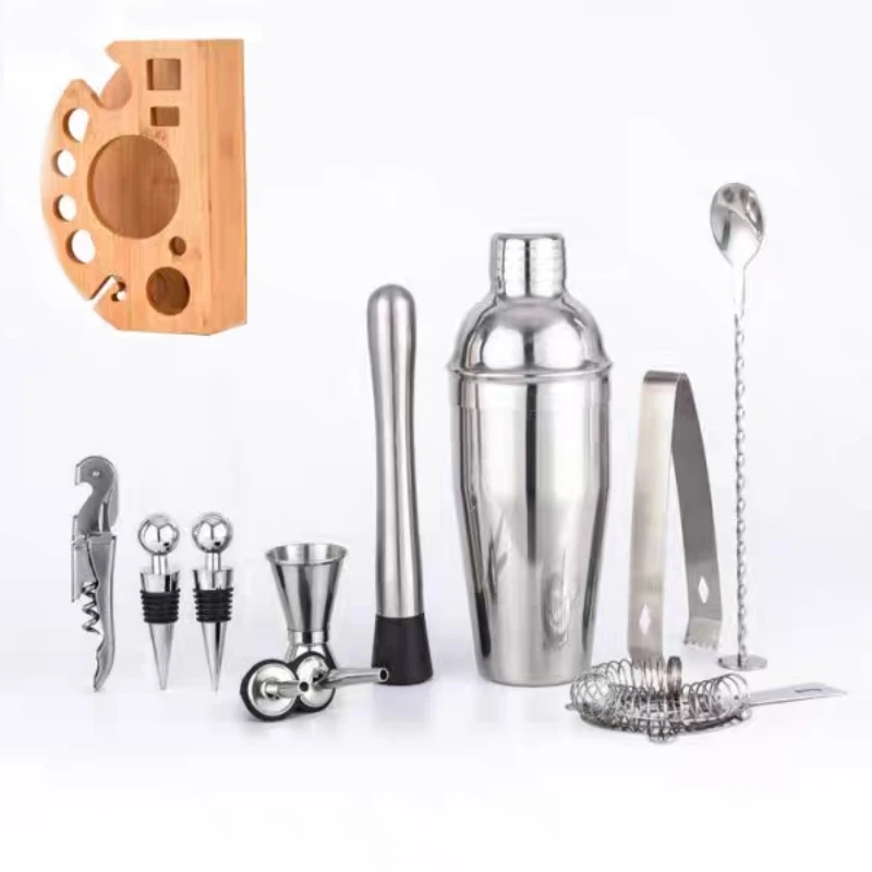 12pcs/set 750ml Stainless Steel Cocktail Shaker Mixer Drink Bartender Barware Kit With Wooden Rack Bars Set