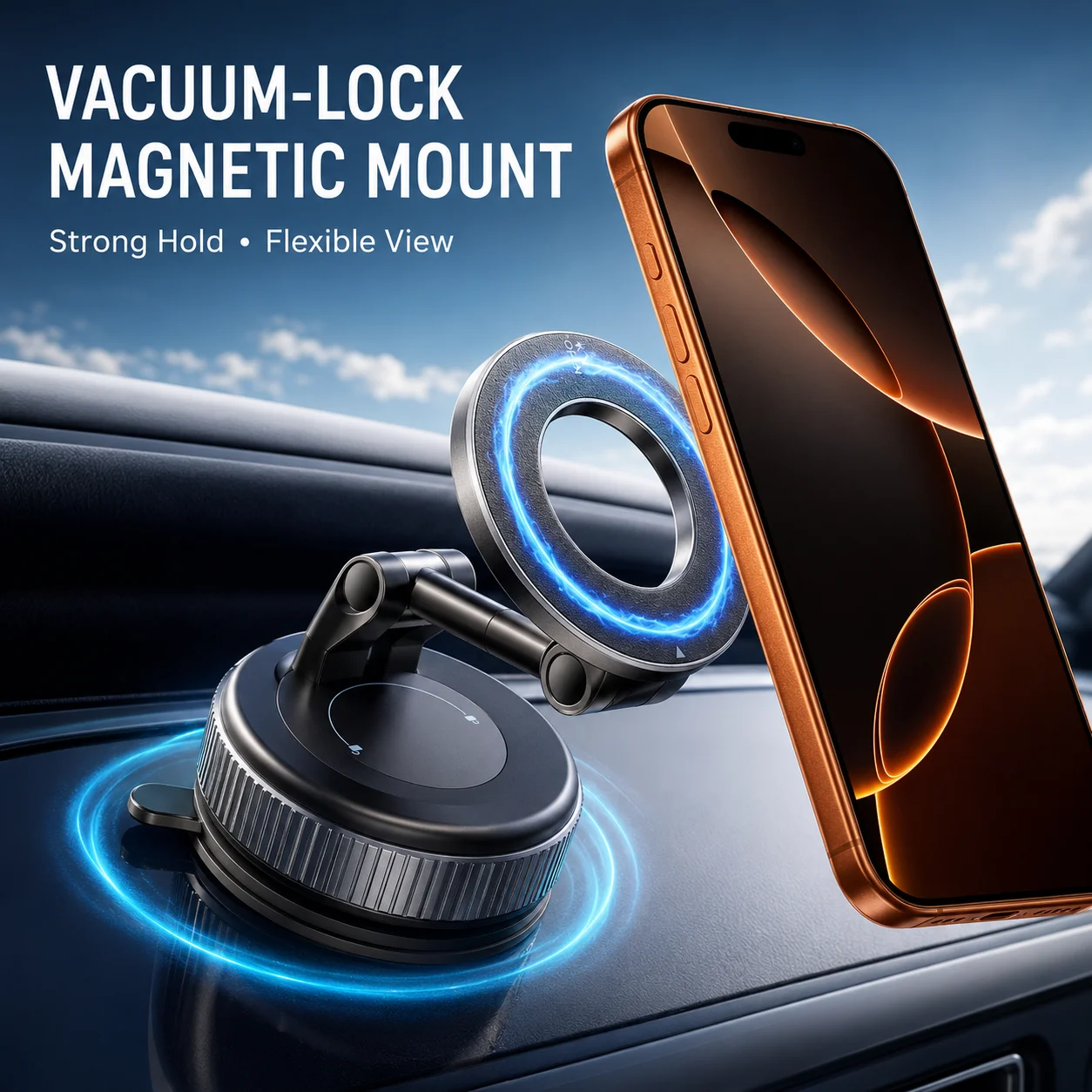 Car Phone Holder Ultra Magnetic Mount, 360° Rotating Vacuum Suction Stand for Cars and Trucks