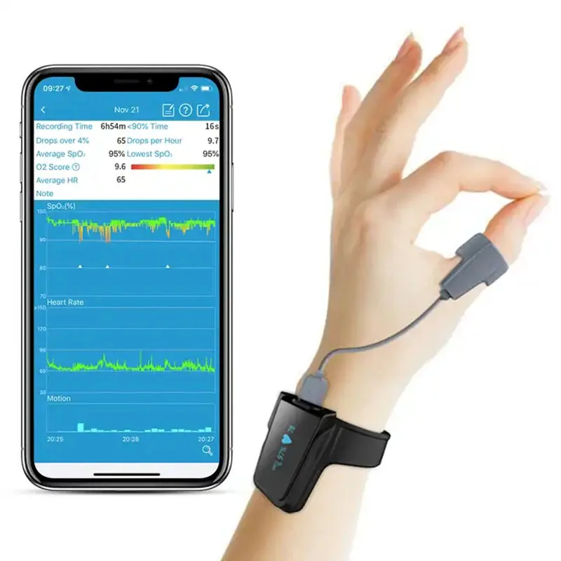 Bluetooth Wrist Oximeter Spo2 Heart Rate Pulse Oximeter Wearable Sleep Apnea Alarm Continuously Monitors Blood Oxygen Saturation