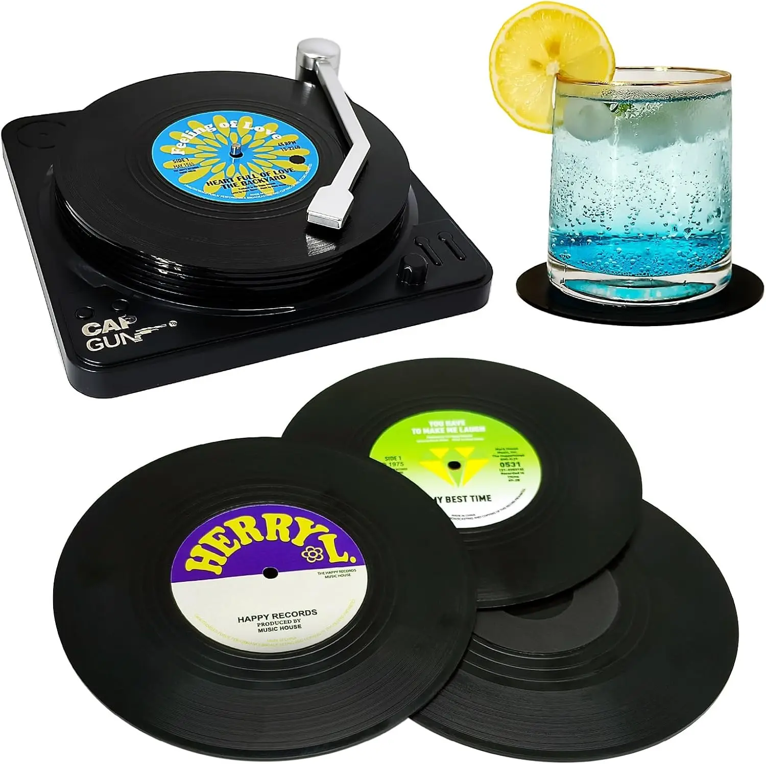 6PC Retro Vinyl Record Cup Coaster with Player Anti-slip Coffee Coasters Heat Resistant Music Drink Mug Mat Table Placemat Decor