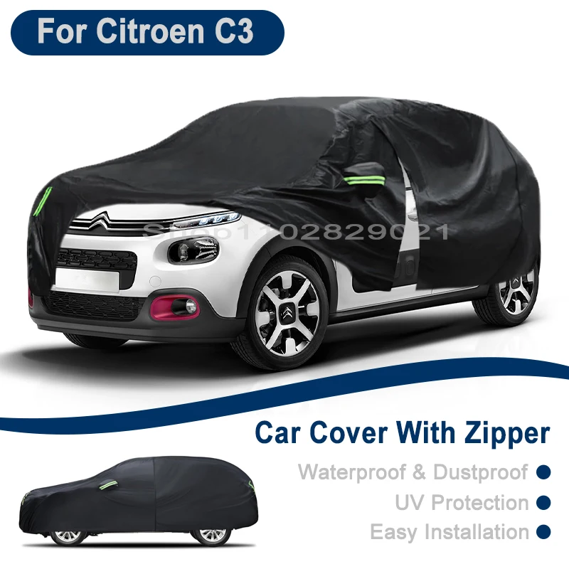 Outdoor Full Vehicle Cover For Citroen C3 - Side Zipper Design, Waterproof Dustproof Sun Protection Car Cover