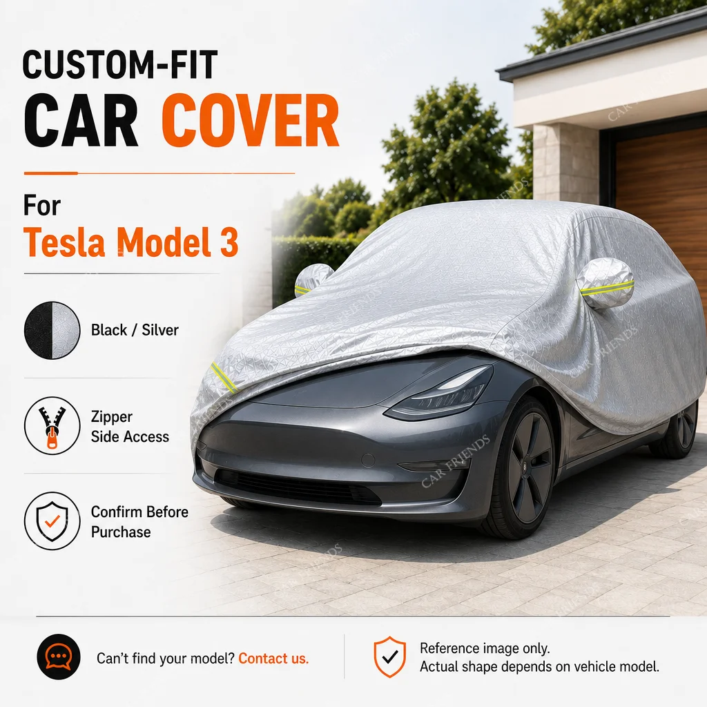 For Tesla Model 3 Custom Fit Full Car Cover Silver-Coated Oxford Fabric Side Zipper Access Heat Reflective UV Protection Summer