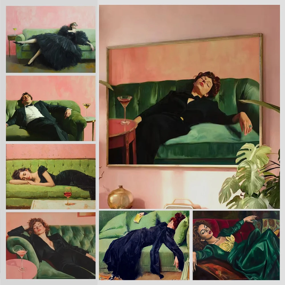 Woman on Couch with Martini Soft Tonal Canvas Painting Cocktail Art Bar home Decor Aesthetic Painting Gift Trendy Wall Decor