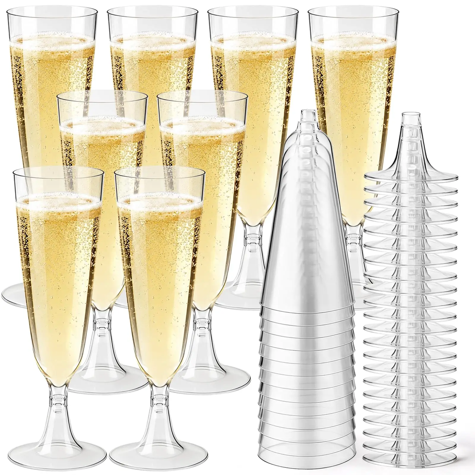 50 PCS Plastic Champagne Flutes Banquet 150ml Reusable Plastic Champagne Cups Clear Unbreakable Cocktail Prosecco Wine Glasses