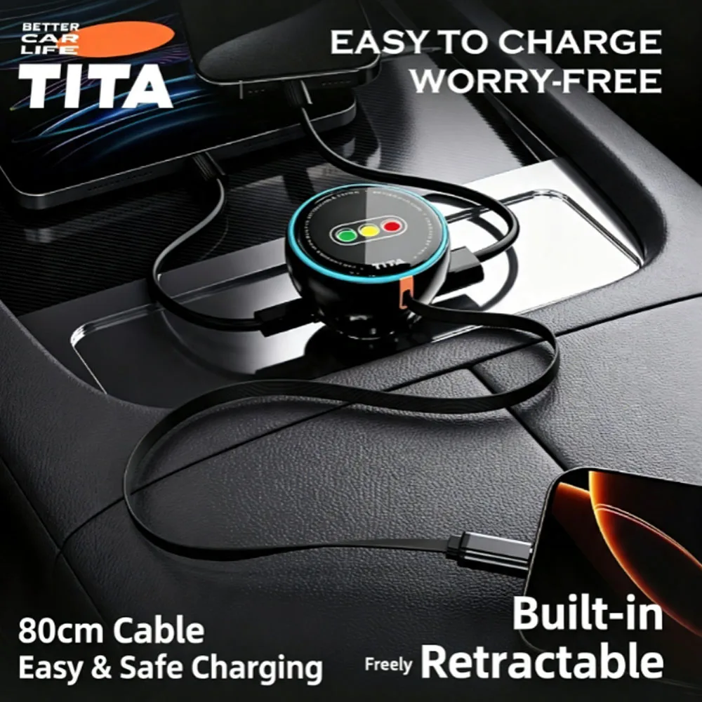 TITA Retractable Car Charger 30W PD Fast Charge Built‑in 80cm Type‑C Cable Cigarette Lighter Adapter 12‑24V For  Phone
