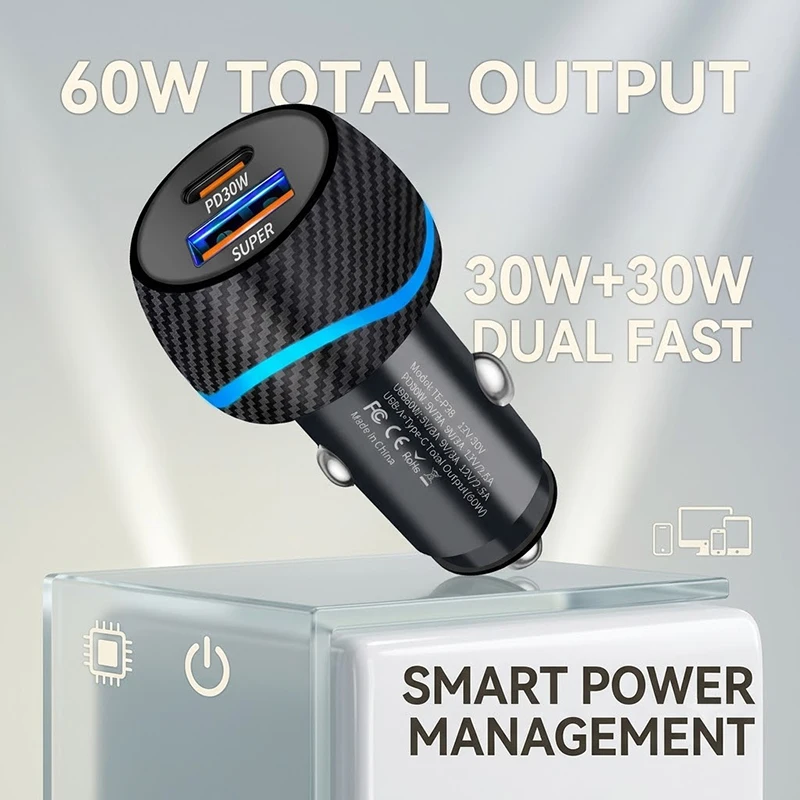 60W Dual Port Car Charger Carbon Fiber Style USB C PD 30W QC 30W Fast Charging Auto Cigarette Lighter For iPhone For Samsung