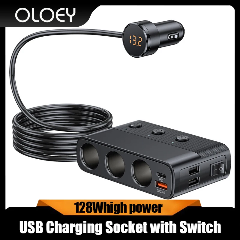 128W Car Phone Charger Adapter PD 30W QC3.0 Multi Ports Quick Charge USB Charging Socket with Switch