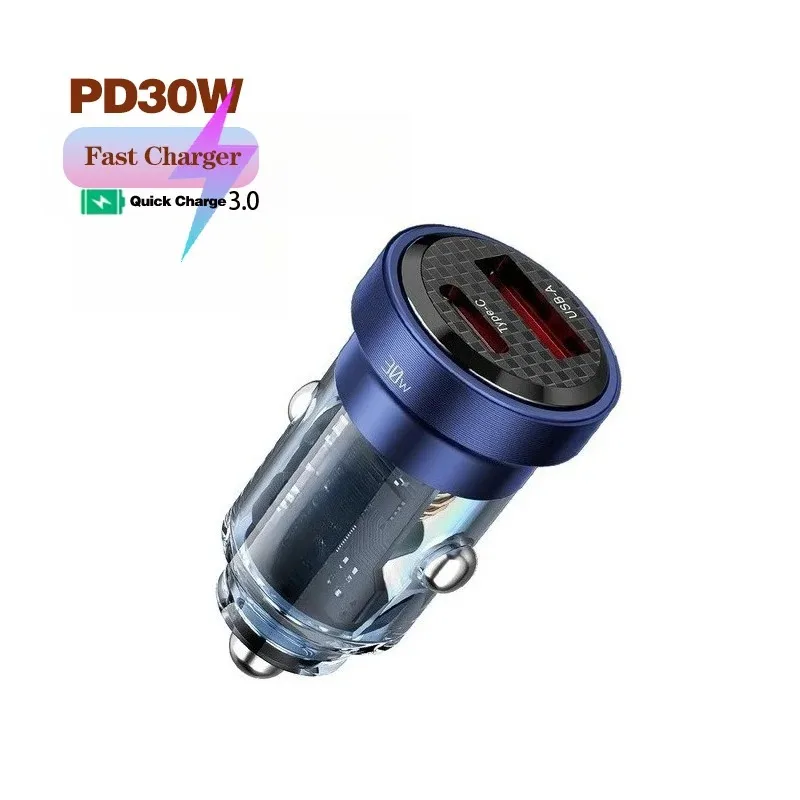 30W Transparent Car super fast Charger PD30W/QC3.0 Dual A+C Ports Super Fast Charging Car Cigarette Lighter Charger for phones