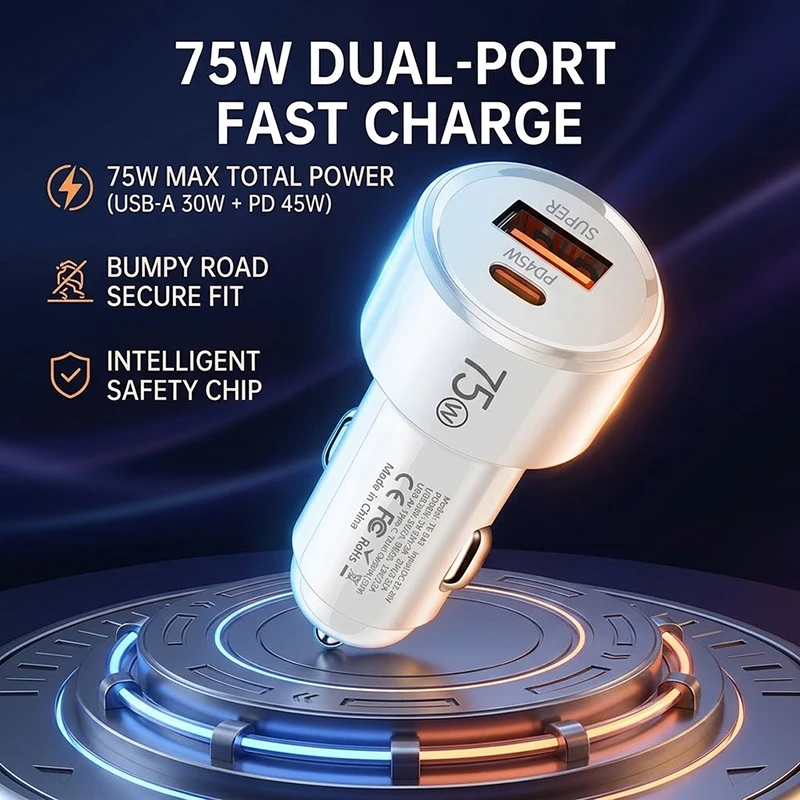 75W Fast Charging Car Adapter Dual Port USB C 45W USB A 30W Multi Protocol Supported Smart Auto Charger For Vehicles For iPhone
