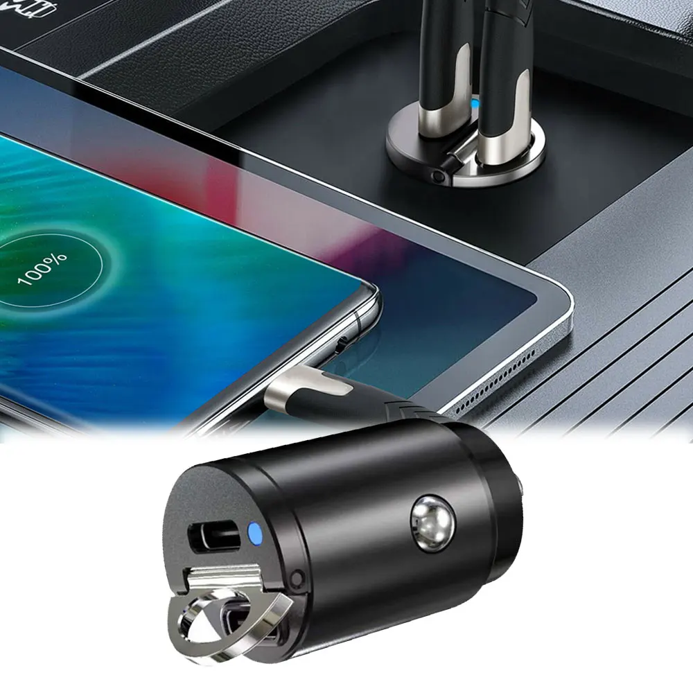 1x USB Type-C PD Car Fast Charger 30W mini Car Double Hole Quick Charger Car Pull Ring Quick Chargeing Auto Interior Accessories
