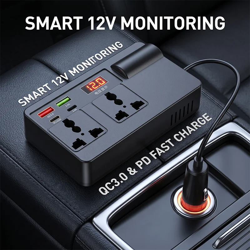 Car Power Inverter 200W 12V to 220V Adapter PD 30W QC 3.0 USB C Fast Charging 2 AC Outlets and Extended Cigarette Lighter Socket