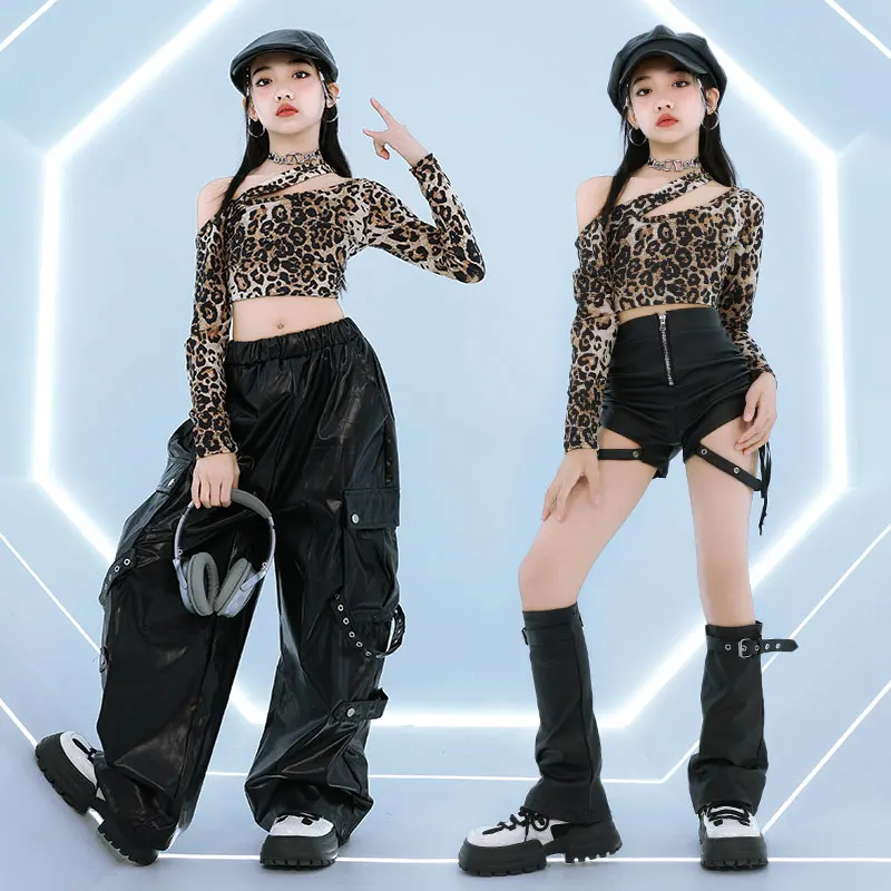 Children Performance Ballroom Dance Clothes Girls Leopard T-shirt Leather Bottom Dance Costume Suit Kids Fashion Hip Hop Uniform