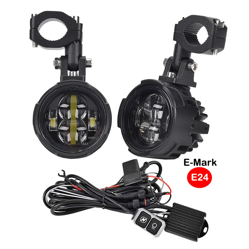 Universal Motorcycle Fog Lights, Auxiliary Lights, White and Yellow Dual-Color Strobing Running Lights, LED Headlights