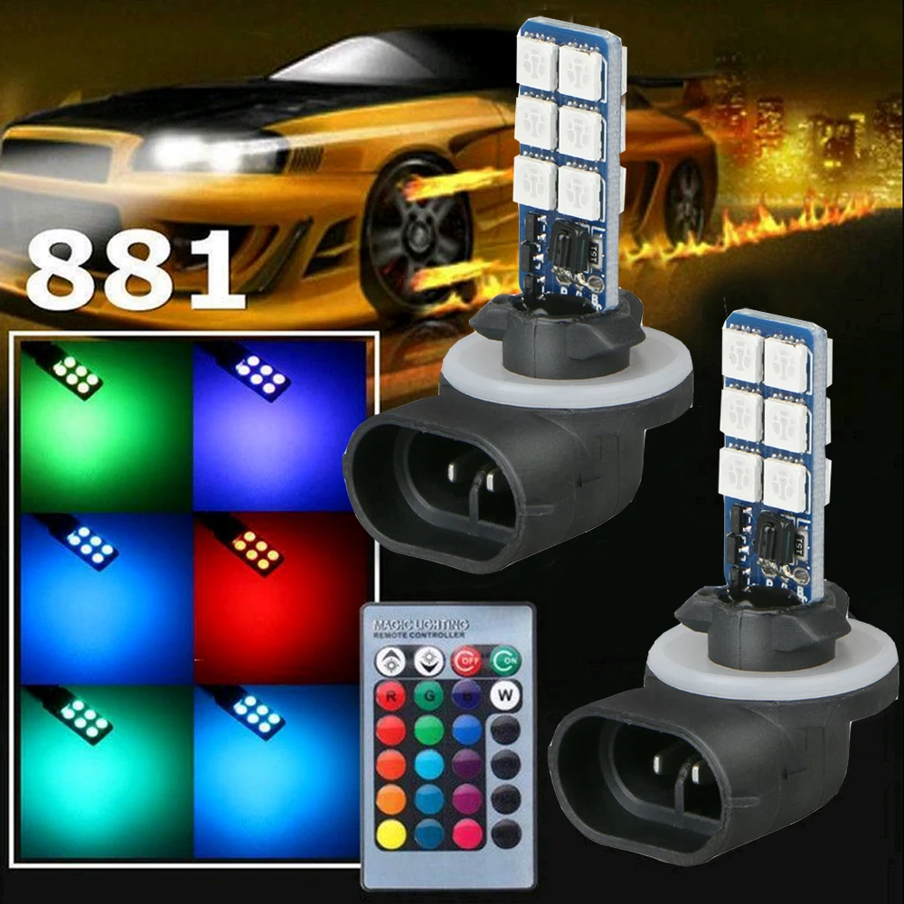 1set 5050 881 LED Car Headlight Fog Light Lamp Bulb & Wireless Remote Control RGB Multi-Color 360-degree 4 Modes Changing Lights