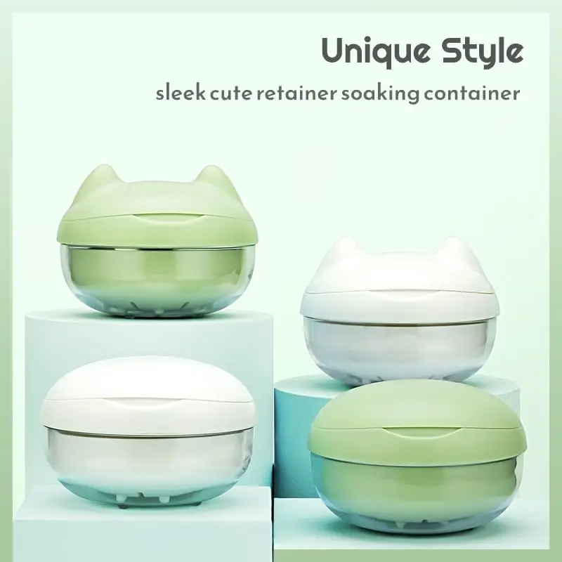 Cute Retainer Case with Removal Tool and Mirror Denture Storage Bath Cup with Strainer Tray  Leakproof Soaking Container