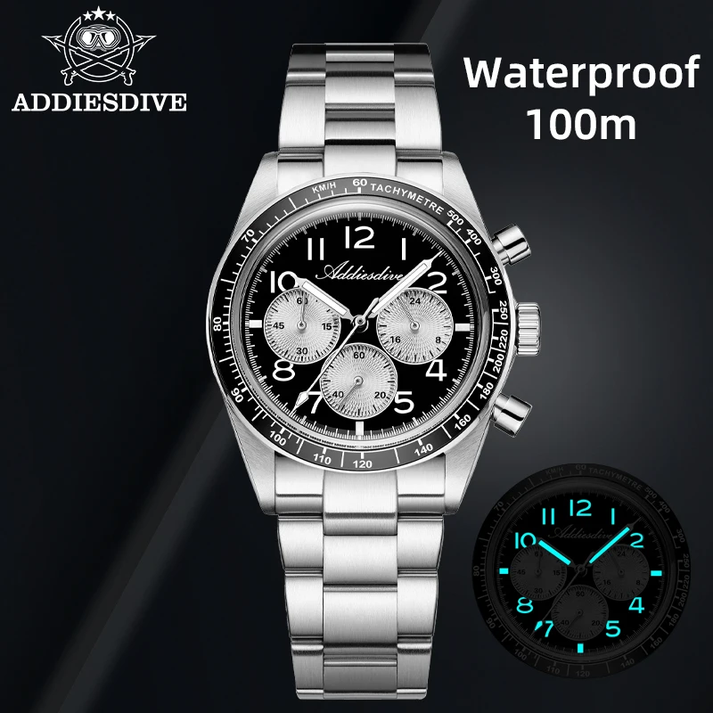 ADDIESDIVE AD2543 Men Luxury Quartz Chronograph Watch 37mm Ceramic Bezel 100M Waterproof BGW9 Luminous Tachymeter Sport