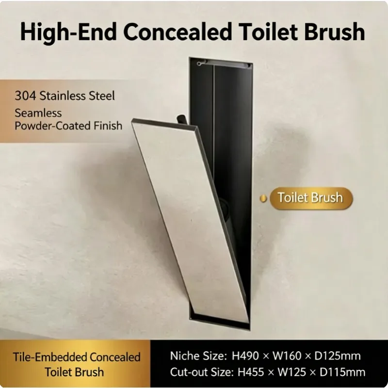 Hidden Toilet Brush Holder + Stainless Steel 304 Embedded Toilet Brush Bathroom Storage Rack, Saving Space and Convenient