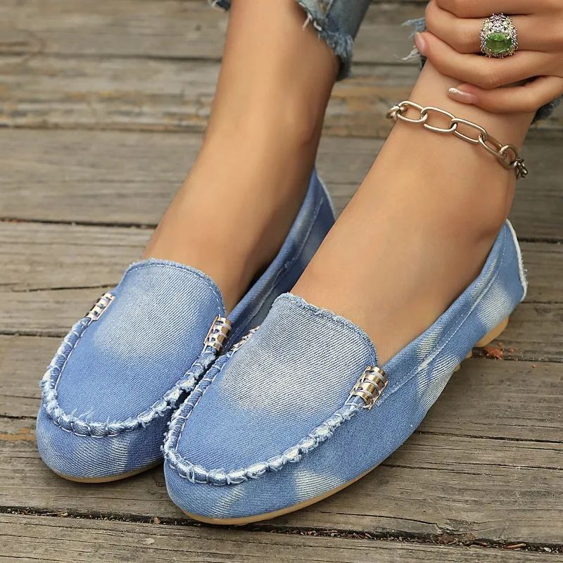 Fashion Light Blue Denim Moccasins Slip on Flat Loafers with Metal Buckle Casual Comfort Daily Shoes