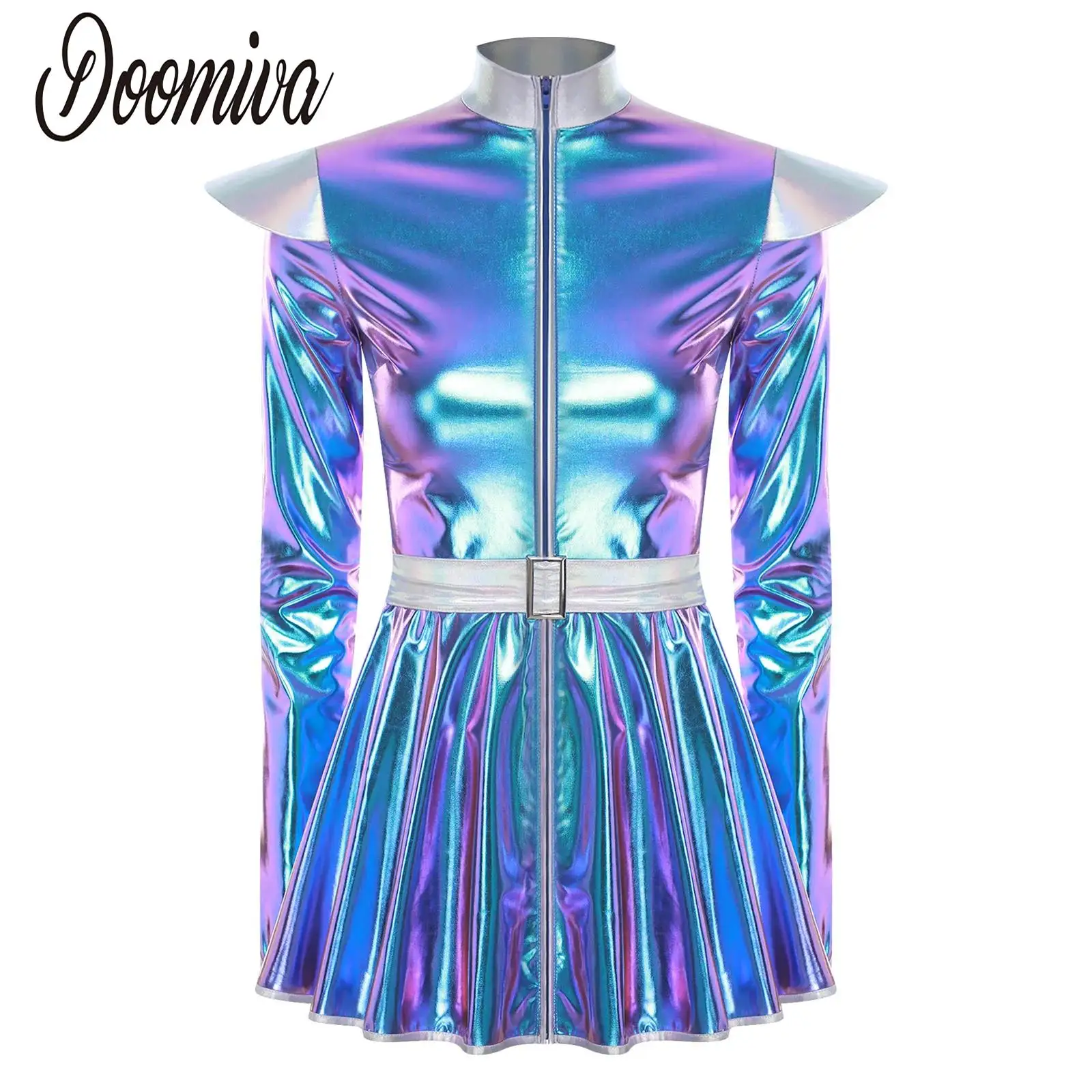 Women Shiny Alien Outerspace Halloween Cosplay Costumes Long Sleeve Tutu Dress for Robot Space Alien Costume Future World Party