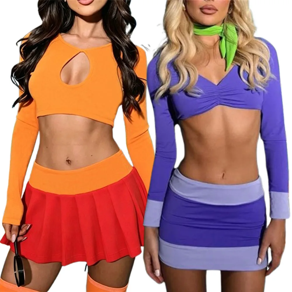 Halloween Velma and Daphne Cosplay Costume Women 2 Pcs Set Long Sleeve Crop Top Mini Skirt Set Adult Party Fancy Dress Outfit