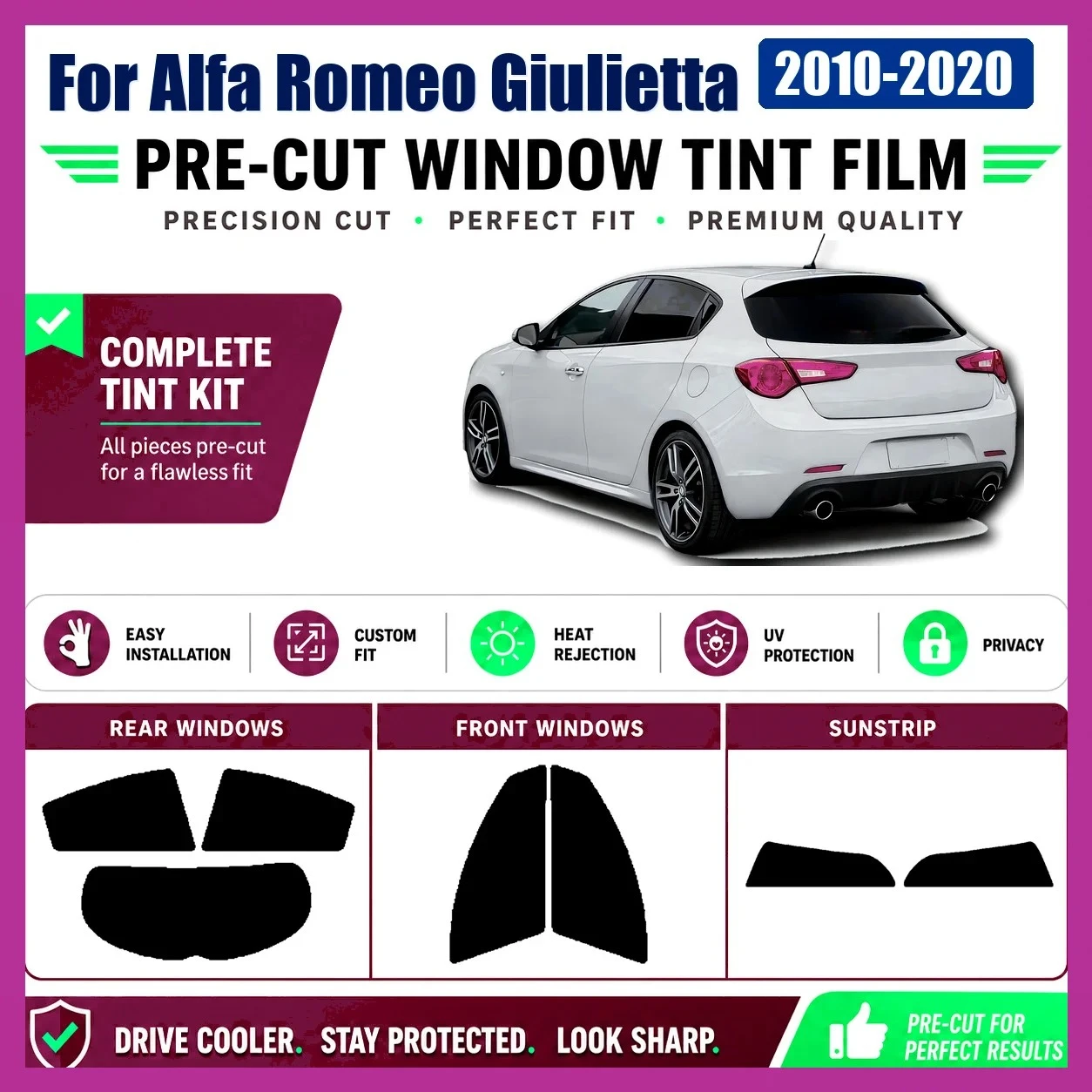 Custom Cut Window Tint Film For Alfa Romeo Giulietta 2010‑2020 Front & Rear Windows UV Heat Rejection Anti‑Scratch Privacy Film