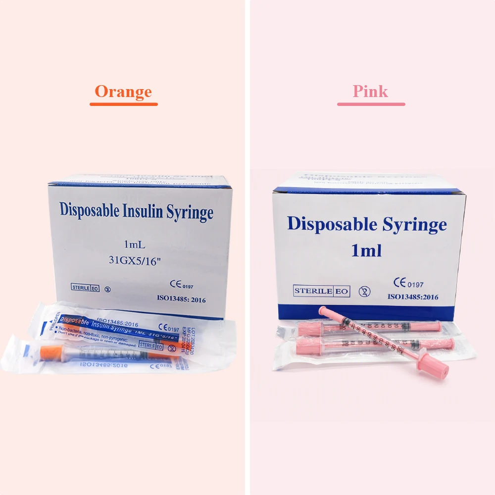 1ml Orange/Pink Disposable Sterile 31G 8mm Insulin Syringe with 5/16 inch Needles Individual Wrap for Lab Pets Veterinary 100pcs