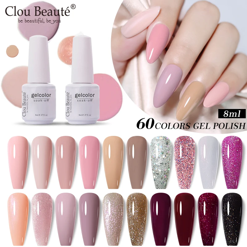 Clou Beaute 8ml Color UV Gel Nail Polish Varnish Hybrid Soak Off Pink Nude Lacquer Glitter Base Top Coat Organic UV LED Nail Gel