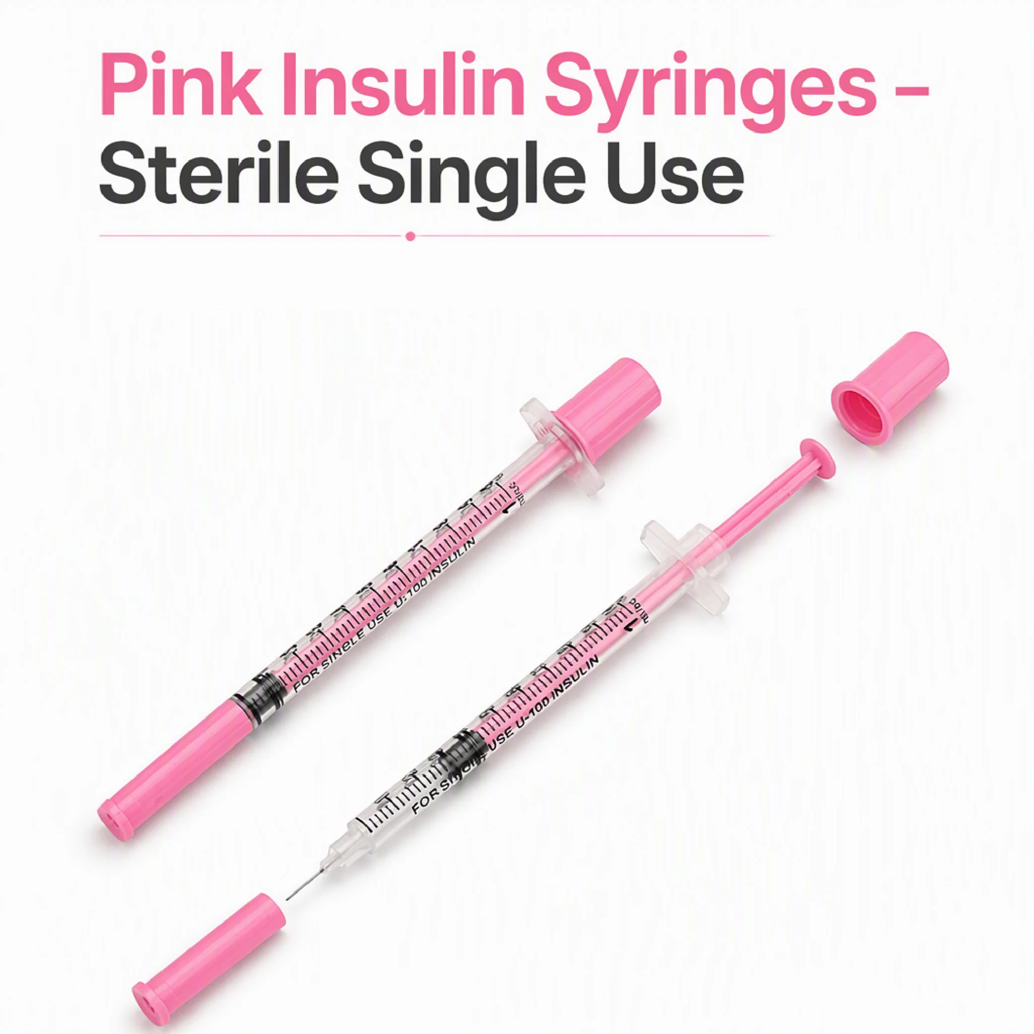 100pc 1ml 30G/31G 8mm Disposable Sterile Insulin Pink Syringe 5/16 inch Needles Individually Wrapped for Diabetic Pets & Hormone