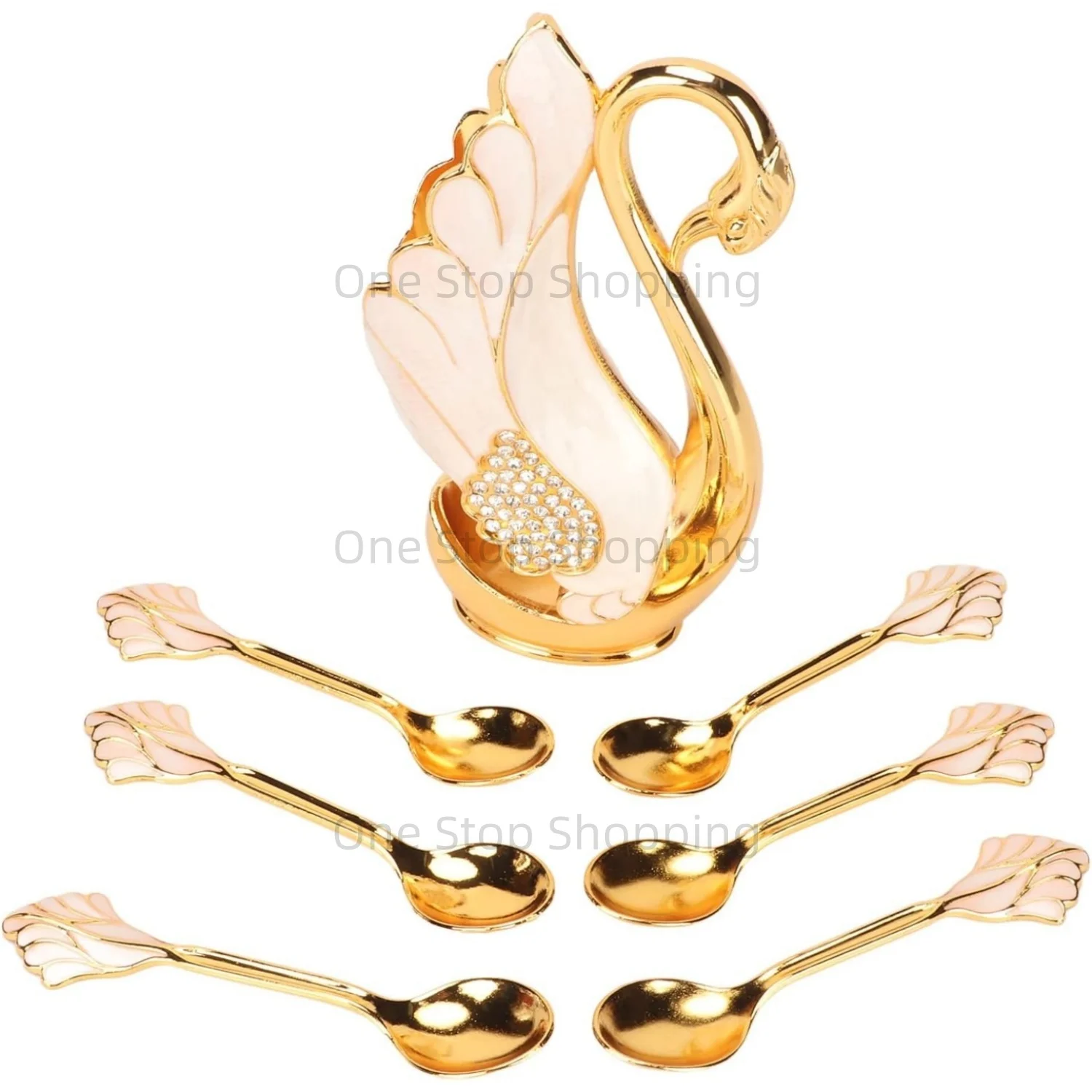 6+1 Set Coffee Dessert Dinner Spoon Set Swan Base Holder with Forks Spoons for Cake Salad Cocktail Dessert for Brithday Gift