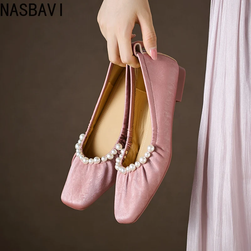 NASBAVI Soft Bottom Low Heel Women's Shoes Leather Version French Style Square Head Pearl Embellished Retro Slip-On Footwear