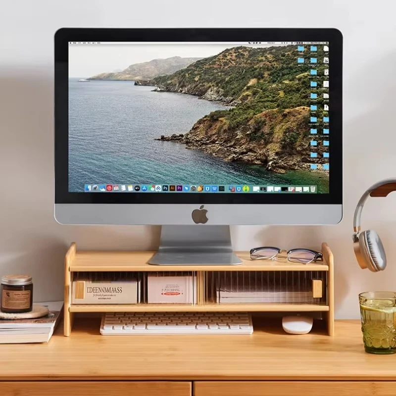 Bamboo Monitor Stand Ergonomic Computer Screen Rack Space-Saving Desktop Organizer Shelf for Office and Laptop Base