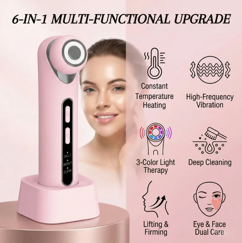 3 Color Light Therapy Beauty Device 6 in1 Hot Compress Vibration Massage Pore Cleansing V-Face Lifting USB Rechargeable Home Use