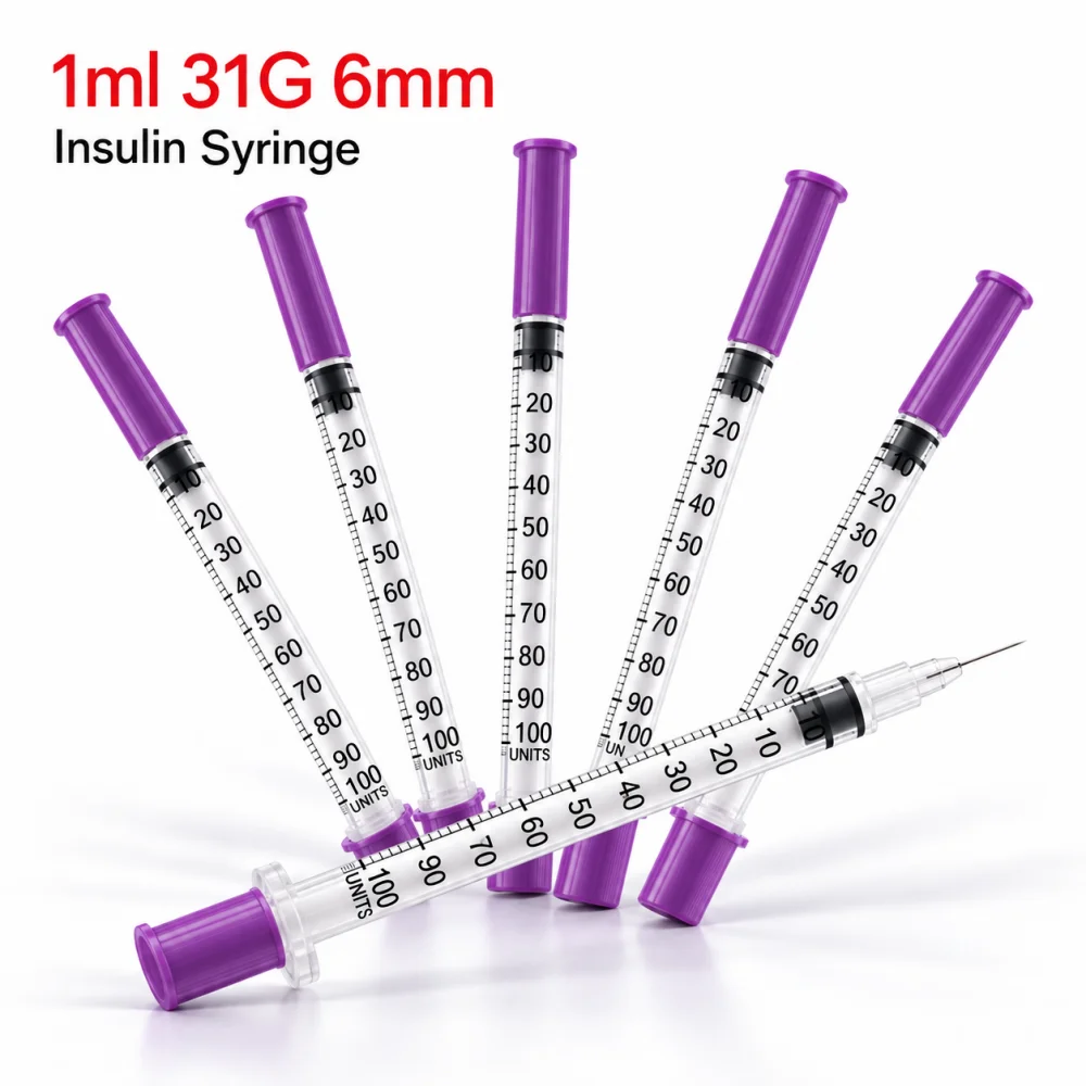 100pcs Purple Insulin Syringe 1ml 31G 6mm Disposable Sterile Injection Syringe with Needle Individually Packed
