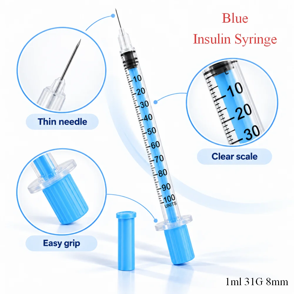 Blue 1ml Insulin Syringe 31G x 8mm U-100 Syringe with Needle Sterile Individually Wrapped Disposable Injection Syringes 100pcs