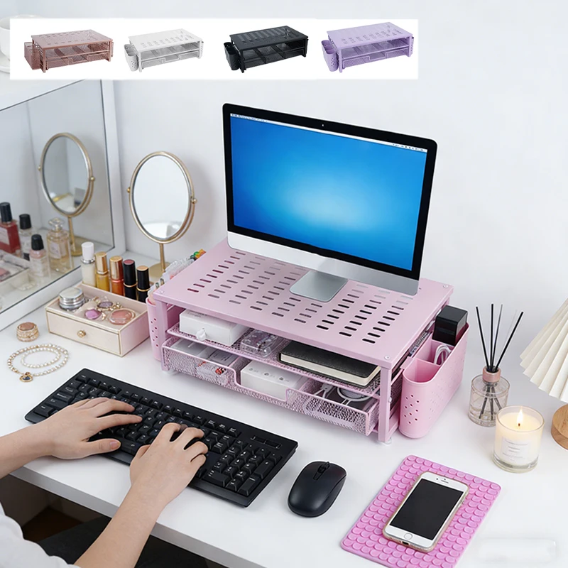 Ergonomic Office Storage Rack with Drawer Pen Holder Metal Desk Riser Organizer Monitor Stand for Coffee Machine Computer Screen