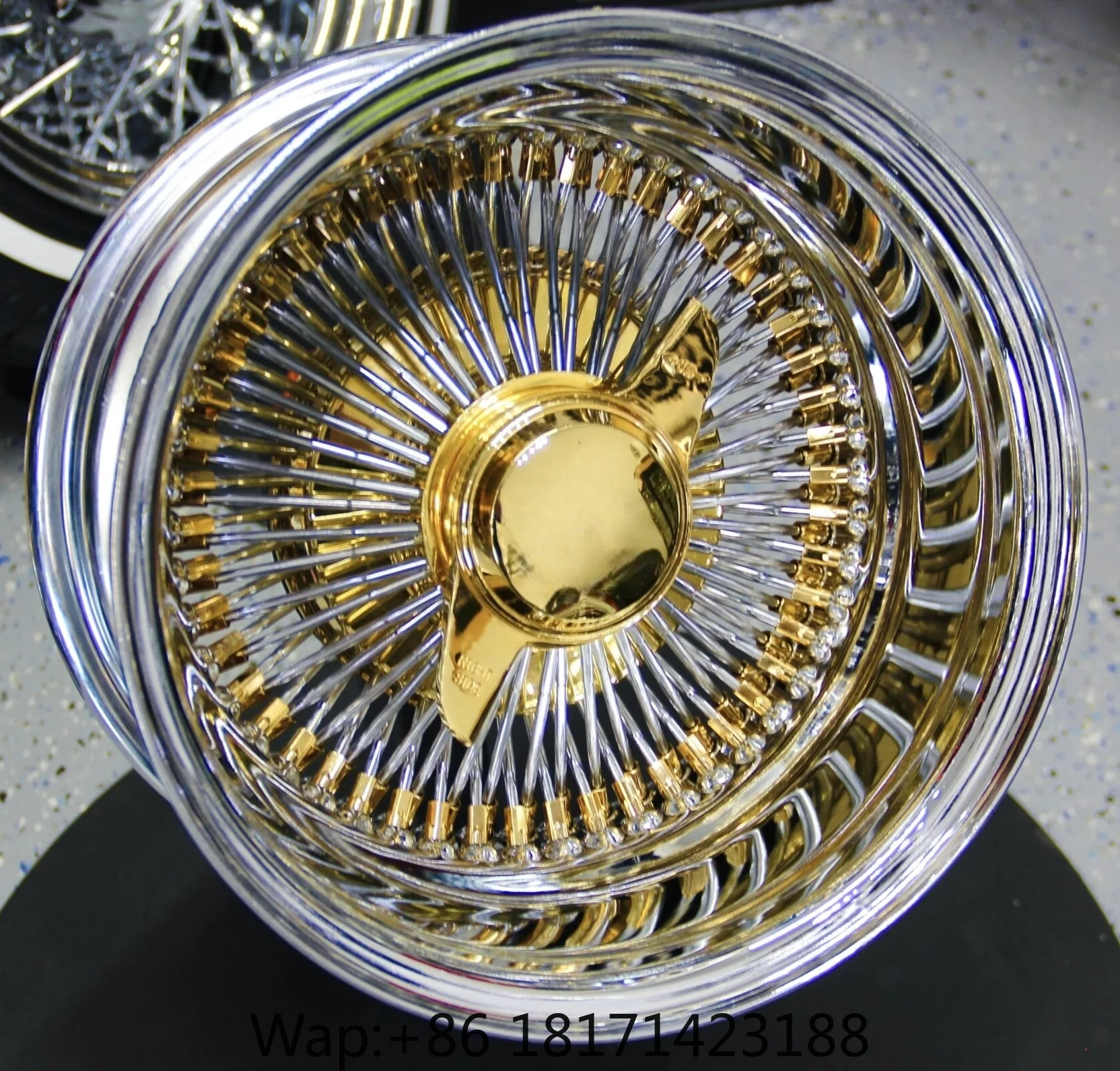 【Hot】New Gold Chrome Straight Lace 13x7 14x7 Inch 72 100 Spoke Wire Wheels 4x100 5x114.3 5x120 Car Rims for Lowrider Classic Imp