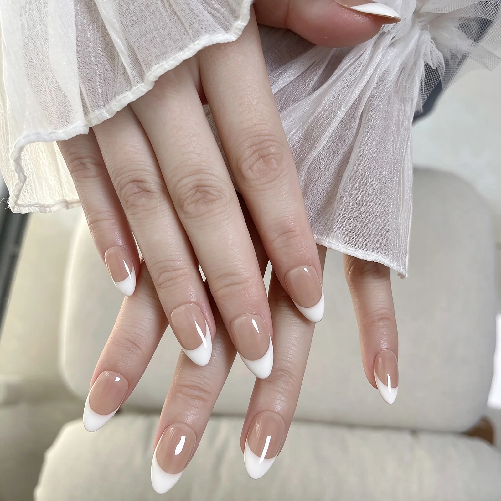 Handmade Press On Nails, White French Tip, Hand Painted Oval Fake Nails, 10-Piece Reusable Manicure Set, Classic Chic Nail Style