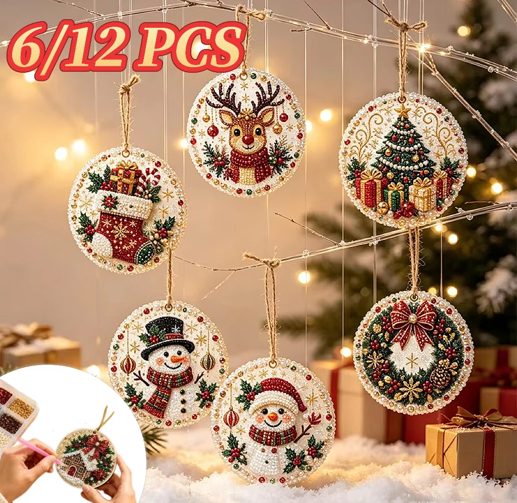 Deluxe Solid Round Drill Pearl Crystal Diamond Mosaic Kit DIY Christmas Hanging Decor Santa Snowman Reindeer Tree Pendant Tags
