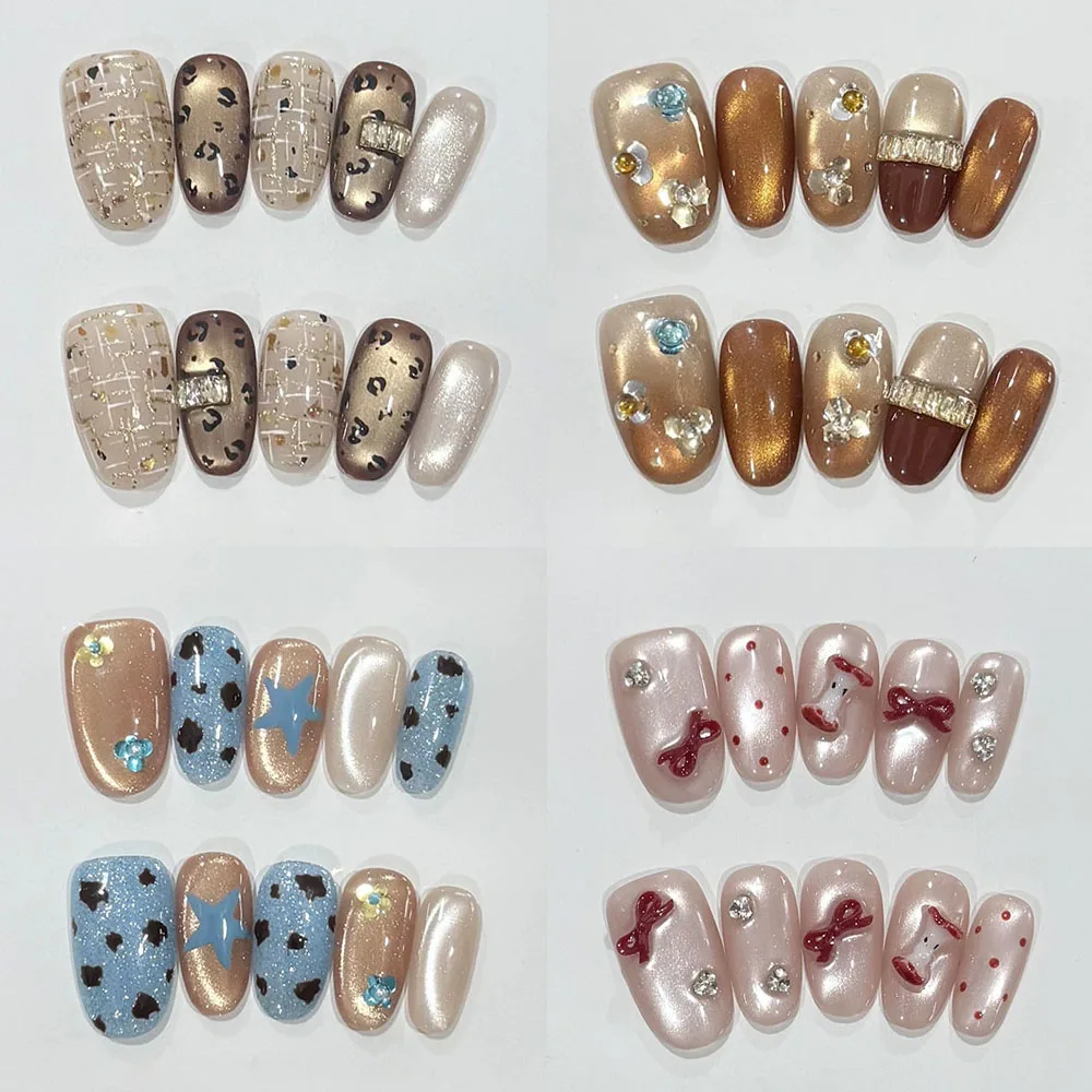 Cat Eye Short Press On Nails Shapes Oval Square Bean Nails Glitter Leopard Bow Star Reusable Handmade Fake Nails for Daily Party