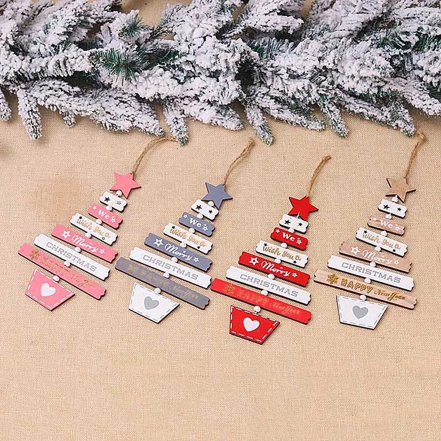 Wooden Christmas Tree Shape Hanging Ornament with Star Topper  Jute String, Rustic Xmas Tree Decoration Holiday Home Gift Decor