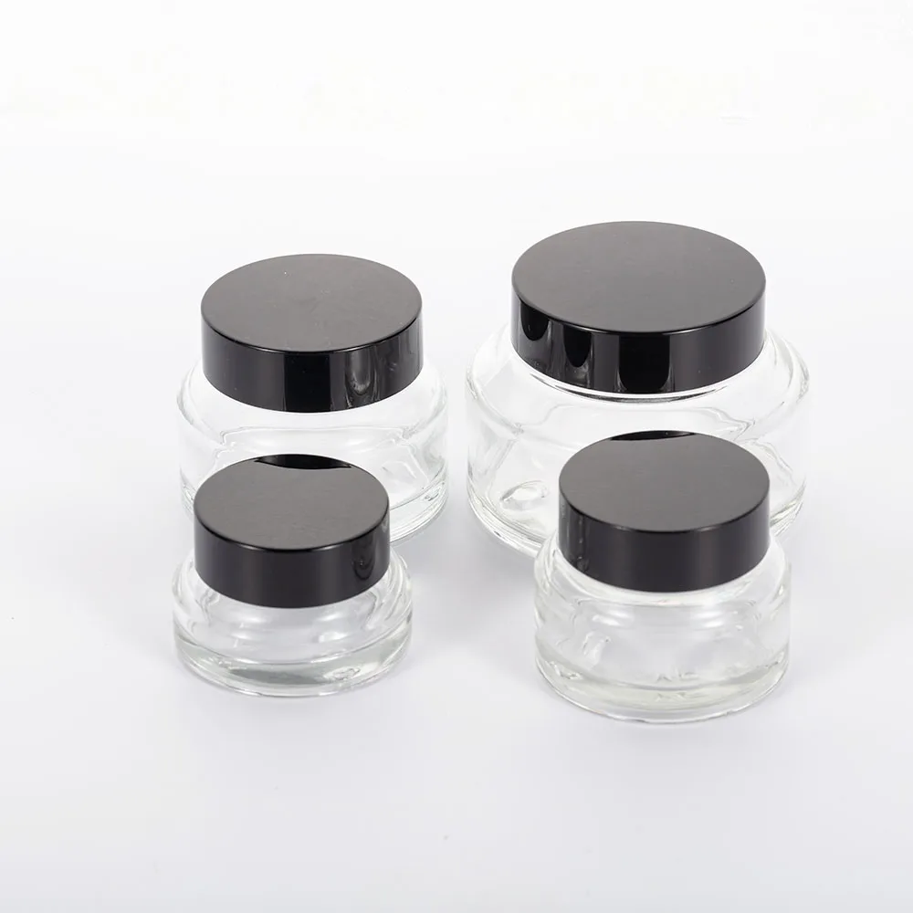 5pcs 15/30/50/100g Slant Amber/Black/Blue/Green/Clear Cosmetic Skin Care Face Cream Glass Jars Pots with Black Plastic Screw Lid