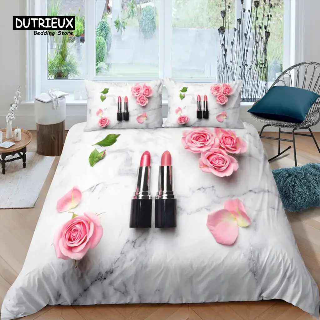 Home Living Luxury 3D Lipstick Bedding Set Cosmetic Duvet Cover Pillowcase Queen and King EU/US/AU/UK Size Comforter Bedding