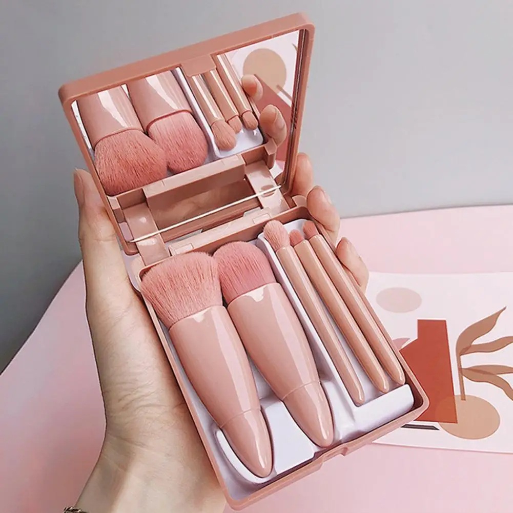 5Pcs Makeup Brush Kit with Mirror Box Loose Powder Blush Eyeshadow Concealer Lip Eyebrow Blending Cosmetic Brushes