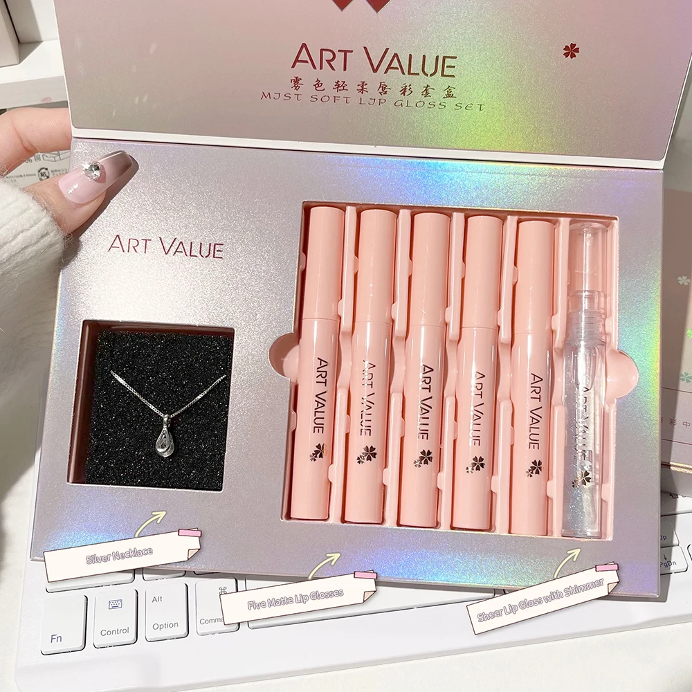 5Pcs Matte Liquid Lipstick And Lipbalm Oil Moisturizing Lip Gloss Set Waterproof Makeup Primer Tint Lips Cosmetics Necklace Gift