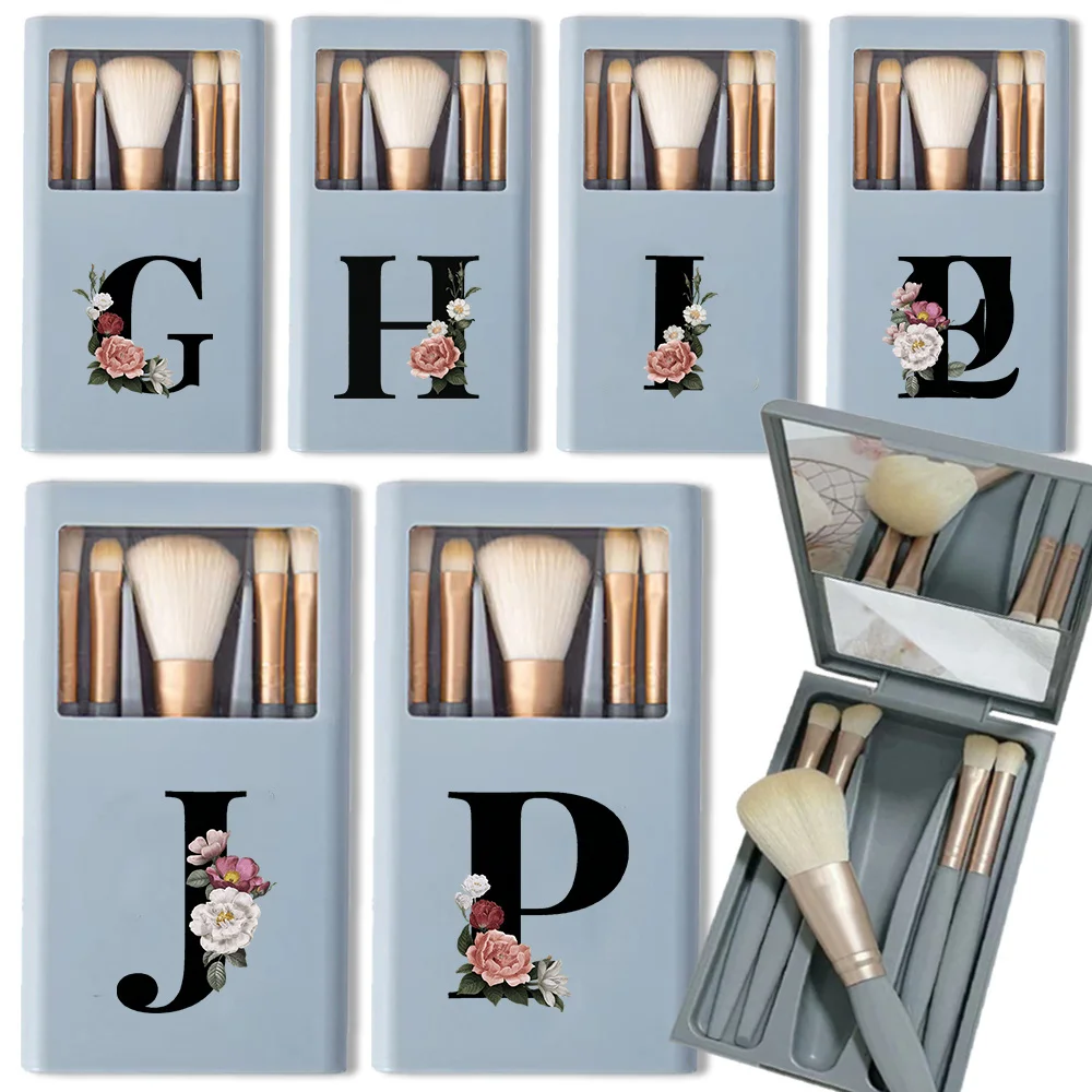 5PCS Long Makeup Brush Set With Mirror Organizer Case Multifunctional Durable Cosmetic Facial Beauty Tools Black Floral Pattern
