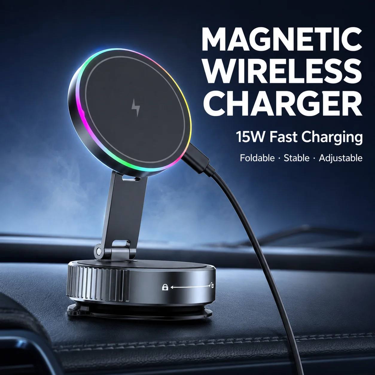 15W Vacuum Suction Magnetic Wireless Charger Car Phone Holder Mount 360 Degree Rotatable Compatible with Smartphones for iPhone