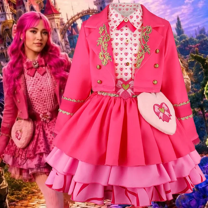 Descendants 4 Bridget Cosplay Full Set, Pink Heart Princess Outfit, Short Jacket & Tiered Skirt, Halloween Party Costume