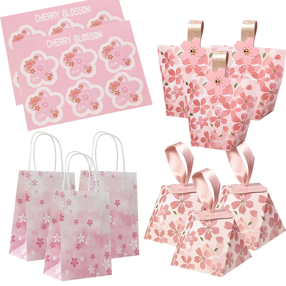 1Pack Cherry Blossom Candy Boxes Multi Type Cookie Bags Paper Cherry Sakura Stickers Wedding Birthday Gifts Packaging Supplies